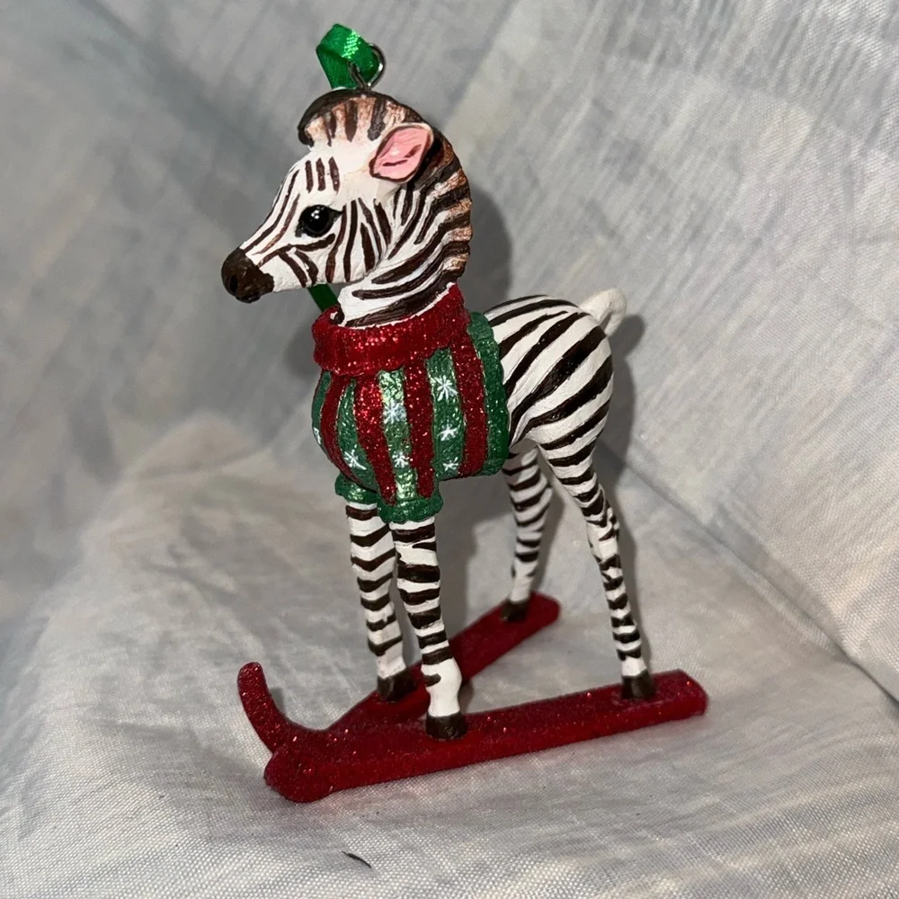 Danbury Mint Christmas ornament Baby Animal Zebra Skiing